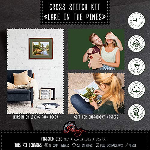 Lake Amid Pines - Counted Cross Stitch Kit with Forest Landscape Pattern - color: Lake in the Pines