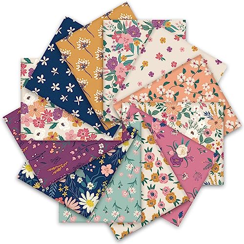 Whaline 12 Pcs Retro Floral Cotton Fabric Bundles Wildflower Fabric Square Vintage Flower Sewing Fabrics for DIY Handmade Craft Decor, 10 x 10 in - size: 10 x 10 inch