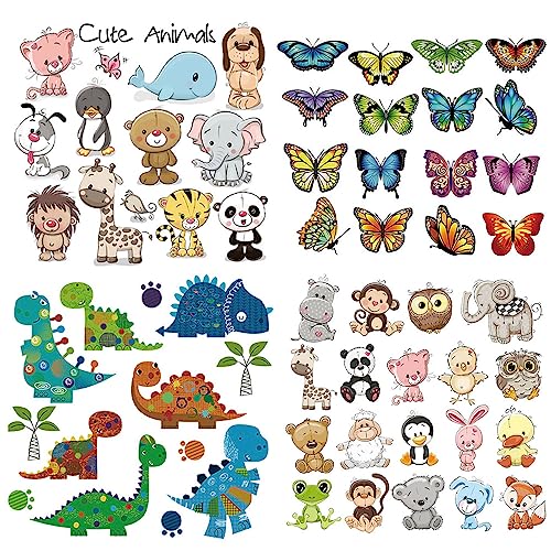 Butterfly Dinosaur Animail Iron on Patches Applique for Babies Lovely Cartoon Animal Birds Flowers Heat Transfers Stickers for Kids Boys Girls T-Shirt Coat Clothes DIY 4 Set - color: Butterfly Dinosaur-2