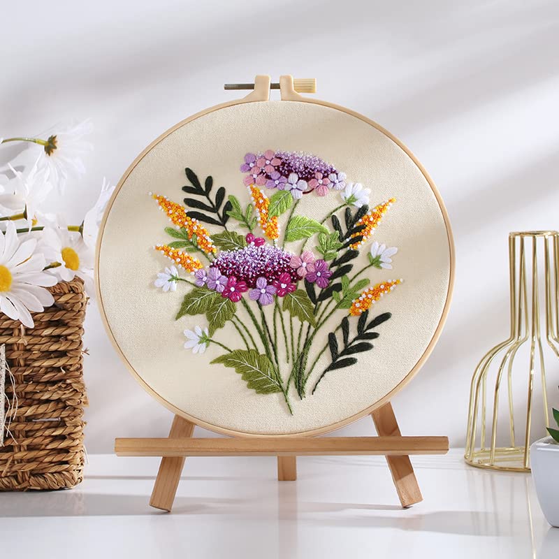 Qupace 3 Pcs Flowers Plants Embroidery Kits for Beginners Adults,Cross Stitch Sewing Craft Set, 3 Embroidery Hoops,3 Finished Stands, Floral Needlework Kit - color: Pink