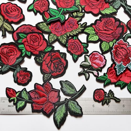 25pcs Rose Iron on Patches, Assorted Sizes Red Floral Embroidered Patches Applique for Clothes Hats Jeans Jacket - color: Red Rose