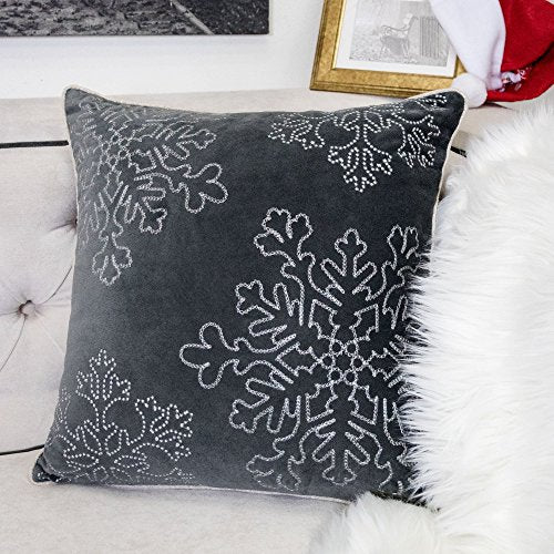Embroidery Gray Velvet Throw Pillow Cover, Merry Christmas Series Snowflake Luxury Soft Fuzzy Cozy Warm Slik Gift Square Couch Cushion Pillow Case 20 x 20 Inch, Cover Only - color: Snowflake-gray