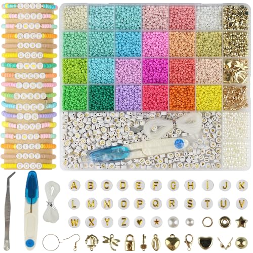 ALIRICH 3mm Glass Seed Beads for DIY Bracelets Necklaces Earrings Jewelry Making with 24 Colors Small Craft Beads, Metal Findings, Alphabet Letter Beads Crafts Bead Kit Gifts for Women