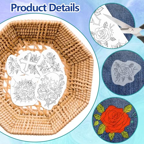 ORIGACH 4 Sheets Gothic Style Water Soluble Embroidery Patterns Stabilizers - Pre-Printed Skull & Flower Designs - Stick & Stitch Embroidery Paper for Hand Sewing Lovers - color: Skull & Flower