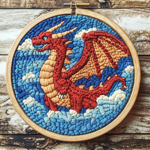 DIY Punch Needle Kits Cartoon Red Dragon with Hoop 20x20cm-4 - color: 25-Dragon