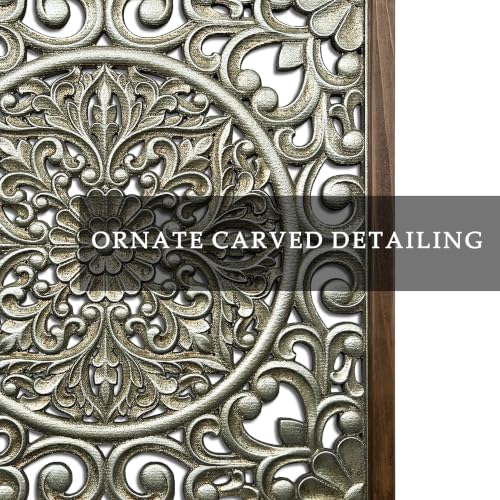 XIAOAIKA Boho Carved Wood Wall Art Panel, Floral Mandala, Distressed Silver - color: Silver