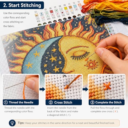 WYBQFDJ Sunflower Sun & Moon Beginner Cross Stitch Kit, 11.8 x 15 in