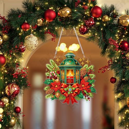 Eiflow Acrylic Christmas Diamond Art Hanging Kit for Adults Lantern, DIY Diamonds Painting Door Hanger Ornament Kit Wreath Crystal Diamond Art Painting Wall Window Hanging Pendant - color: Lantern