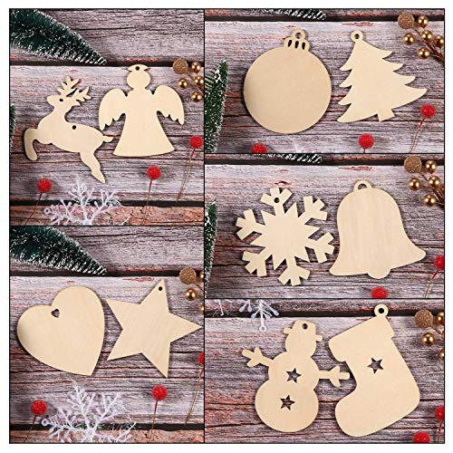 Tatuo 120 Pcs Blank Wood Christmas Ornaments 10 Shapes for DIY,Multi Shape