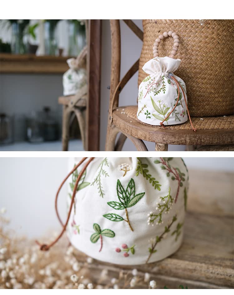Smart-Feather Embroidery Drawstring Bag Kits with Patterns, Needlepoint Sewing Handbag Kit for Beginners, Embroidery Start Kit with Hoop