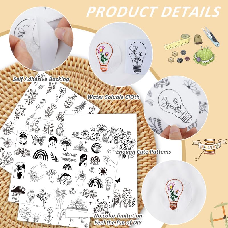 Water Soluble Embroidery Patterns, Stick and Stitch Paper for Sewing - style: Boho flower