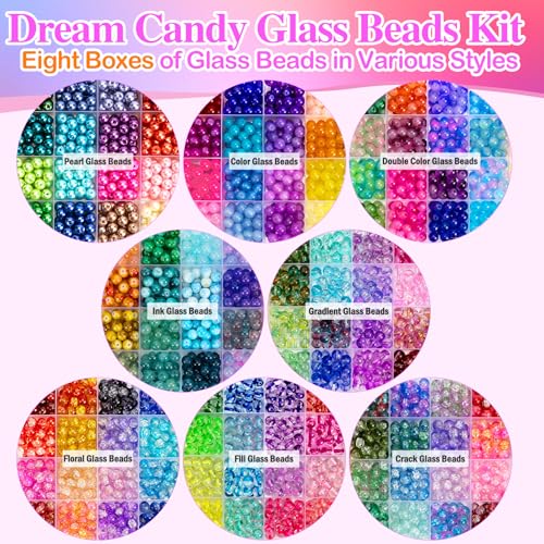 XSEINO 192 Colors 4800pcs 8mm Dream Candy Colorful Series Glass Beads Bracelet Making Kit,8 Box Different Unique Styles Crystal Bead for Making and DIY Crafts - color: 8 Boxes 8mm Round Glass Beads