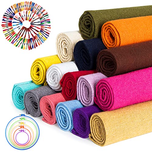 16 Piece Linen Fabric Set 19 x 19 Inch Floss & Hoops Included - color: 16 Pcs Colored-c Kits