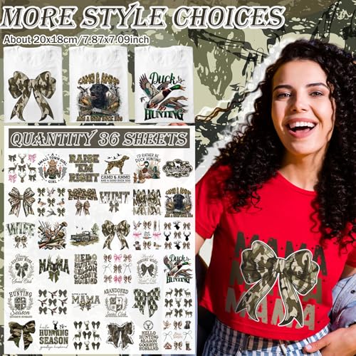 Tellingyou 36 Sheets Hunting Iron on Transfers Camo Bow Dtf Ready to Press - style: Hunting