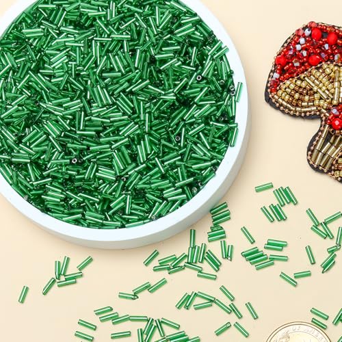2000pcs Glass Bugle Beads, Tube Beads Bulk, Mini Long Tiny Small Waist Loose Spacer Embroidery Beaded for Bracelets Jewelry Making Sewing, Crafts, 2×6mm, Green - color: Green