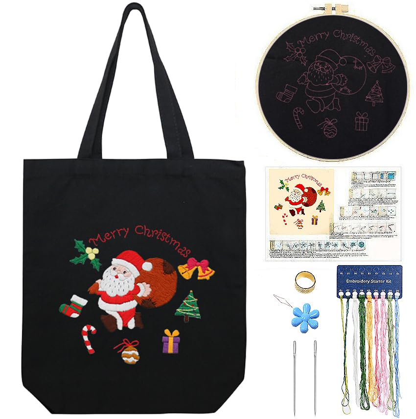 CREAWONDER Canvas Tote Bag Embroidery Kit with Pattern for Beginners, Arts and DIY Embroidery Crafts Kits for Adults, Include Instructions, Thimble, Embroidery Hoops, Color Threads and Tool - color: CR002 SantaClaus