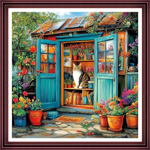 Redxing Stamped Cross Stitch Kits Full Range of Embroidery Starter Kits- Needlepoint Counted Cross Stitch Kits for Beginner Adults 11CT Printed Embroidery Kit-Cat Flower Home 18x18 inch - color: Artskits41