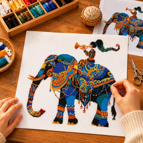 Zhenqing Elephant and Girl Stamped Cross Stitch Kit for Beginners, 11CT Printed Full Coverage Boho Elephant with Horn Player Pattern, 50 x 50 cm DIY Animal Embroidery Needlework Set, No Hoop Needed - color: Boho Elephant Melody