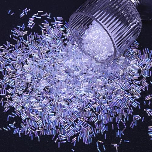 4200pcs Glass Bugle Beads, Mini Long Tube Seed Beads Bulk, Tiny Small Loose Spacer Embroidery Beaded for Bracelets Jewelry Making Sewing, Crafts, Christmas Ornaments, 2×6mm, Clear White AB - color: Clear White AB