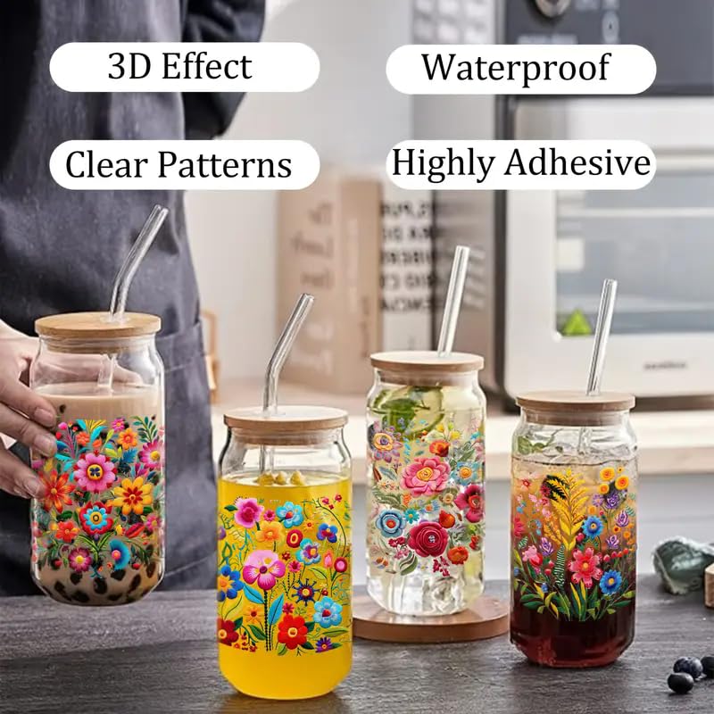 4pcs Mexican Floral Floral Leaf UV DTF Cup Wraps Transfer Waterproof Sticker for Glass Cups Furniture Craft DIY Crafts，Rub on Transfer Stickers for DIY Water Bottle Laptop Decal Wood Car