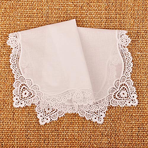Milesky White Wedding Handkerchief Pure Cotton, Soft Ladies Hanky with Crochet Lace - color: Ch09