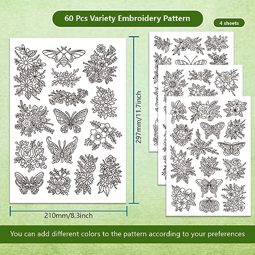 BENECREAT 4 Sheets 60PCS Stick and Stitch Embroidery Paper, Butterflies and Flowers Theme Stabilizer Water Soluble Hand Sewing for Carves, Shirts, Coats, Bags, Towels - color: Butterflies and Flowers