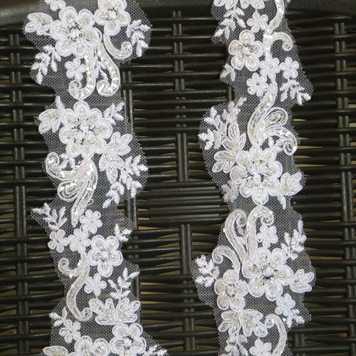 6cm*2yards Pure White Luxury Beaded Embroidery Flower lace Appliques for Wedding Dresses Rhinestone Applique Patches Embroidery lace parches ropa (Pure White Color)… - color: pure white color