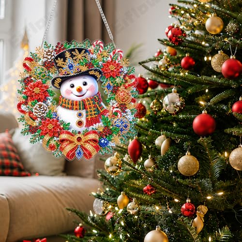 Eiflow Acrylic Christmas Diamond Art Hanging Kit for Adults Wreath, DIY Snowman Diamonds Painting Door Hanger Ornament Kit Wreath Crystal Diamond Art Painting Wall Window Hanging Pendant - color: Christmas Wreath-1