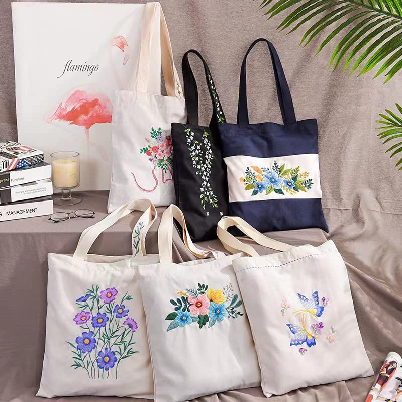 Dark Blue Canvas Cotton Tote Bag Embroidery Kit,Orchid Flowers Art Pattern,Cross Stitch Kits, Including Stamped Embroidery Bag with Hoops,Needle, Instruction Manual and Color Threads for Beginner