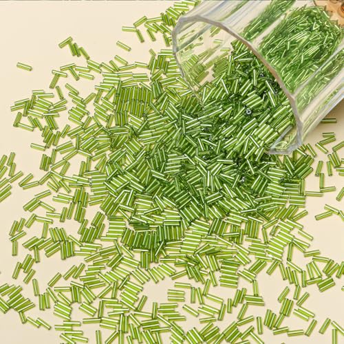 4200pcs Glass Bugle Beads, Mini Long Tube Seed Beads Bulk, Tiny Small Loose Spacer Embroidery Beaded for Bracelets Jewelry Making Sewing, Crafts, Christmas Ornaments, 2×6mm, Light Green - color: Light green