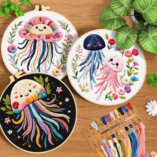 ERKOON 3 Sets Embroidery Kit for Adult, Hummingbird Cross Stitch Set for Beginner Include Embroidery Cloth Hoops Threads for Craft Lover Hand Stitch (Jellyfish) - color: Jellyfish