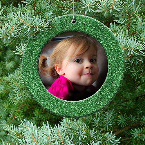 The Original Mini Glitter Photo Christmas Ornaments, Magnetic Easy-Load Picture Frame Ornament, Includes Photo Protectors Plus Hooks for Hanging, Round, Green 6-Pack - color: Green