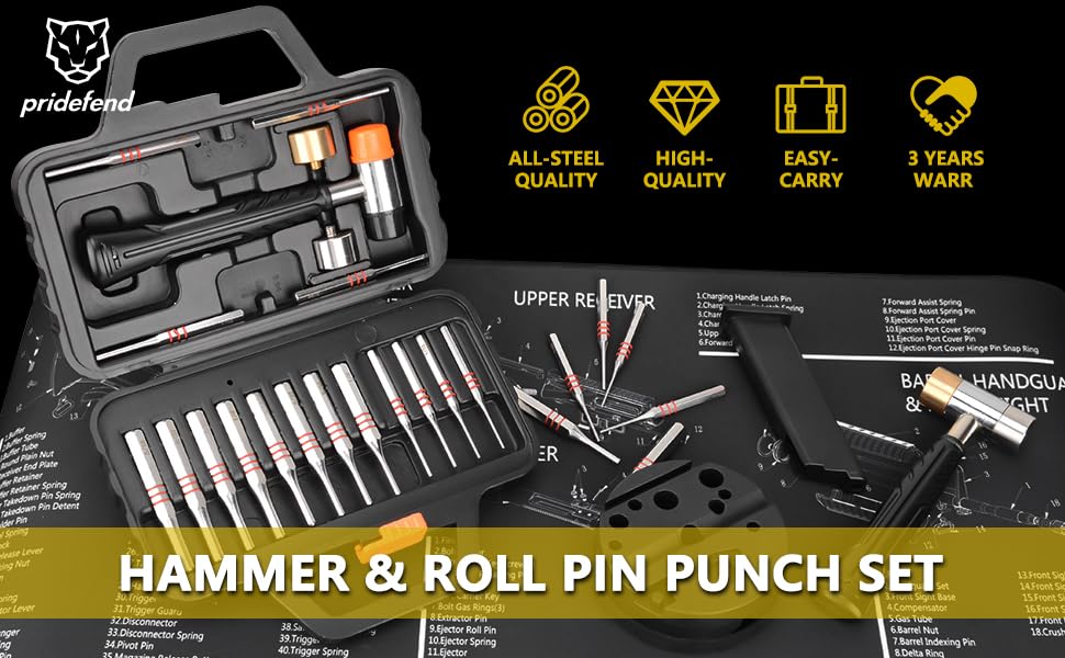 Pridefend Punch Set, Roll Pin Punch Set Made of Solid Material,Including Steel Pin Punch Set, Roll Pin Starter Punch and Hammer,with Organizer Storage Box (with Bench Block) - style: Flat Pin Punch Set