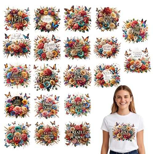 Dtf Transfers Ready to Press - 20Pcs Christian Floral Iron on Transfers, Bible Verse Iron on Decals for Tshirts, Religious Faith Heat Appliques Patches for Clothes Hat Bag Pillows DIY Crafts - color: Christian Floral668