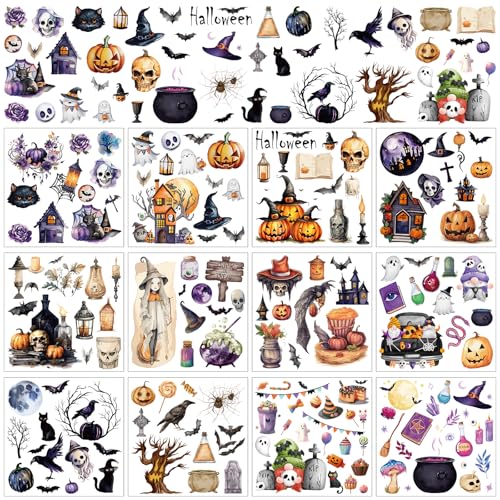 Halloween Rub on Transfers for Crafts and Furniture - Wxiben 12 Sheets Ghost Pumpkin Rub on Transfers for Furniture Halloween Skull Rub on Transfer Stickers Decals for Wood DIY Craft Office Home Decor - style: Halloween