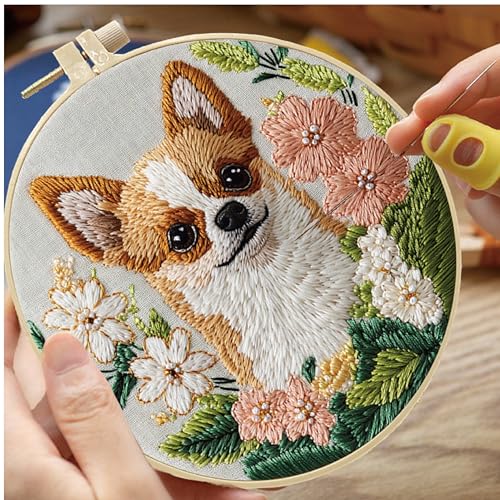 HCANPER Cute Dog Embroidery Starter Kit,DIY Needle Punch Kit, Punch Needle Kits for Beginners,Include Pre-Printed Fabric,Tools,Embroidery Hoop,Threads,Easy for Adults and Children. (White) - color: White