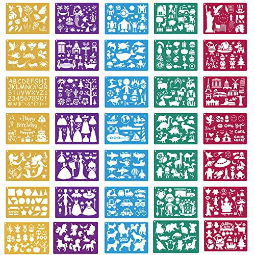 Stencils for Kids,35 PCS Drawing Stencils Templates Kids Reusable Plastic Stencils with Variety of Themes/Shapes,Girls Boys Christmas Birthday Gift - color: Multi 35PCS