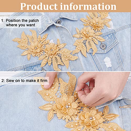 NBEADS 2 Pairs 3D Lace Applique Patches, Goldenrod Sew on Embroidery Lace Flower Patches Floral Motif Beaded Rhinestones Lace Trim Fabric Pearl Appliques for Sewing Wedding Bride Dress Shoes Decor - color: Goldenrod 2 pairs