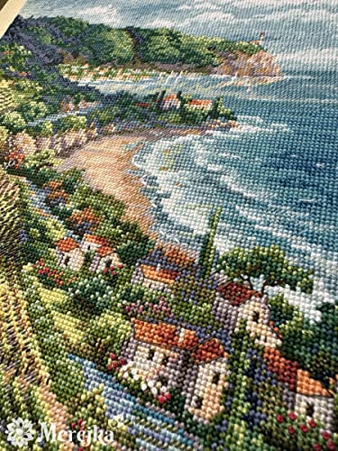 Merejka Counted Cross Stitch Kit for Adults — Coastline View (K-226) — Zweigart 16-Count Ecru Aida, DMC Mouliné Threads, John James Needle — 40 Colors — 33.5x25 cm (13.2x9.8 inches)