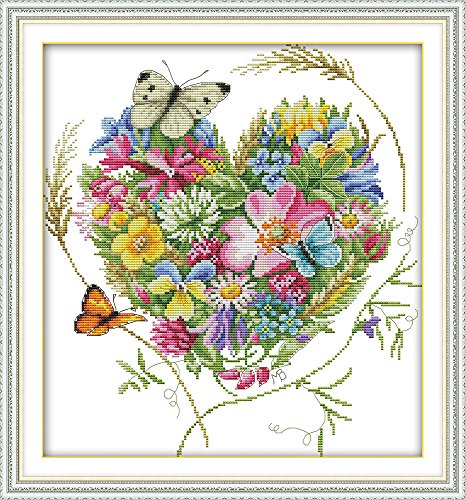 CaptainCrafts Cross Stitch Kits for Adults Stamped Butterflies Flower - color: Butterflies Love Heart Shaped Flower, style: Stamped