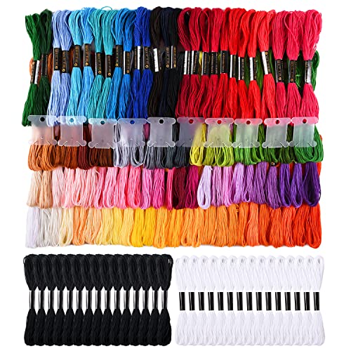 VICOVI Friendship Bracelet String Kits, 100 Colors Embroidery Floss and 15 Skeins White & 15 Skeins Black Color, 10 Pcs Plastic Floss Bobbins for Cross Stitch Threads Bracelet Yarn Craft Floss - color: 100 multicolor + 30 White&Black