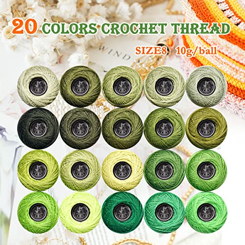 Soft 20 Colors Classic Crochet Thread 20 Pack,100% Cotton (Avocado Green-701-524) - color: Hass Green Series