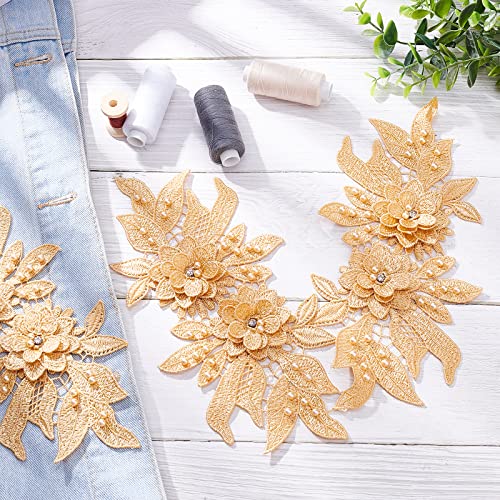 NBEADS 2 Pairs 3D Lace Applique Patches, Goldenrod Sew on Embroidery Lace Flower Patches Floral Motif Beaded Rhinestones Lace Trim Fabric Pearl Appliques for Sewing Wedding Bride Dress Shoes Decor - color: Goldenrod 2 pairs