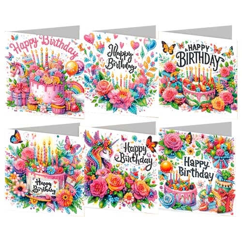 ACSAUMMY Diamond Art Happy Birthday Cards, 6 Pack 5D Diamond Greeting Cards Kits for Adults DIY Diamond Art Birthday Cards with Envelopes Birthday Gifts for Families, Friends, Partners - color: Happy Birthday-6pcs