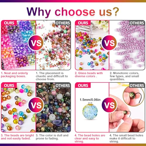 XSEINO About 1200+ PCS 6mm Cracked Style Glass Beads Bracelet Making Kit, 24 Assorted Colorful Crack Series Crystal Beads for Jewelry Making and DIY Crafts, Friendship Bracelets - color: Crack Glass Beads