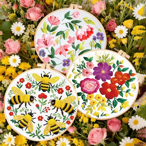 INFUNLY 4 Pack Pink Flowers Embroidery Starter Kit for Beginners Colorful Butterfly DIY Embroidery Kits for Adults Stamped Needlepoint Set with Step-by-Step Instructions Threads Craft Lover Gift - style: Pink Flowers
