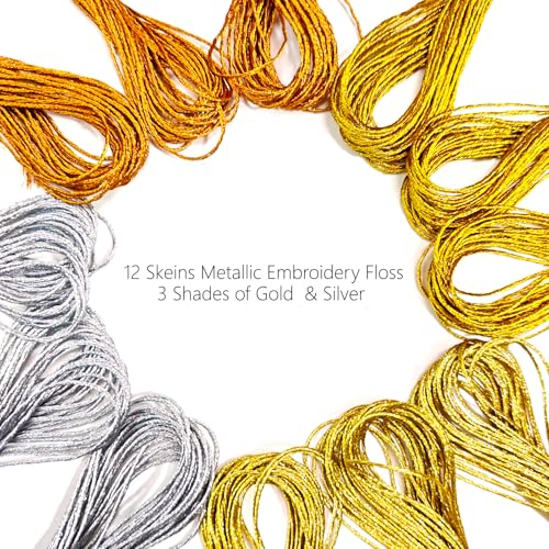 12 Skeins Metallic Embroidery Floss, Gold and Silver Embroidery Thread