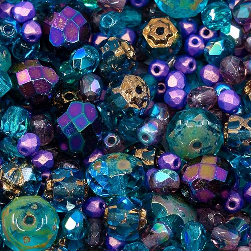 0.88oz of Blue Purple Mix of Czech Faceted Fire Polished Beads (Round, Catherdal, Rondelle) - color: Mix 04 Blue