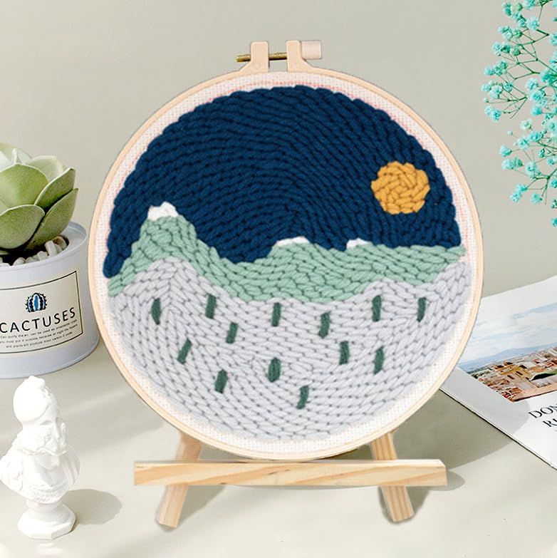 Night Mountain Punch Needle Kit for Adults – DIY Embroidery Craft Set with Pre-Printed Fabric, Hoop & Yarn, Beginner Friendly Home Decor Gift - color: landscape-night