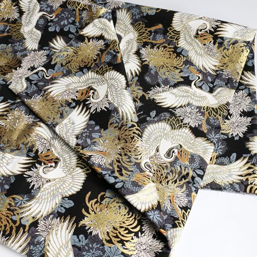 White Crane Fabric,160 GSM Japanese Black Cotton Fabric Gold Hot Stamping,59 Inches Wide for Sewing Clothing Bag Tablecloth Sofa Pillow DIY Craft (2 Yard pre Cut) - color: White Crane, size: 2 yard